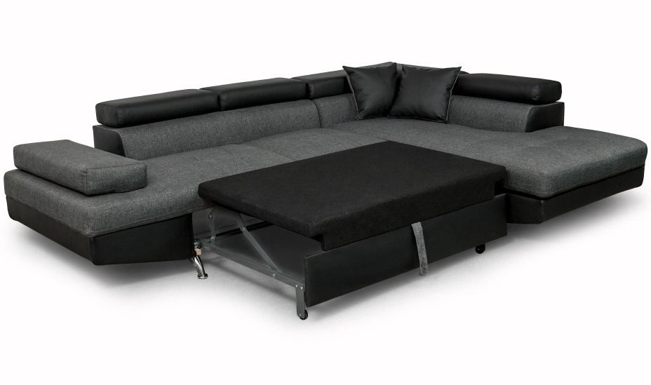 Canapé d'angle droit convertible tissu gris et simili noir Mio 271 cm - Photo n°6