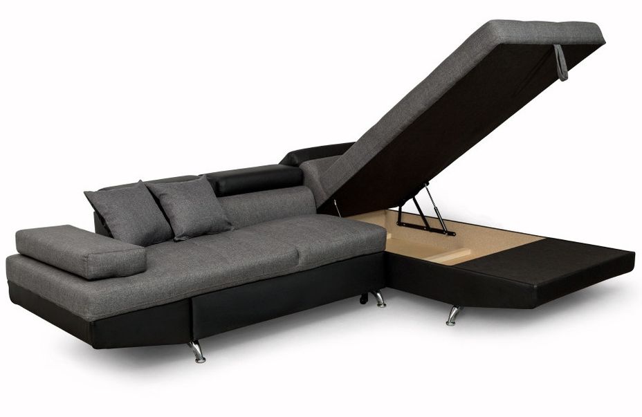 Canapé d'angle droit convertible tissu gris et simili noir Mio 271 cm - Photo n°8