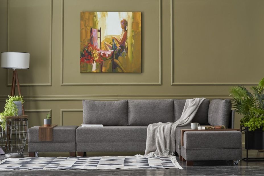 Canapé d'angle droit et 2 poufs tissu marron clair Tikona 280 cm - Photo n°2