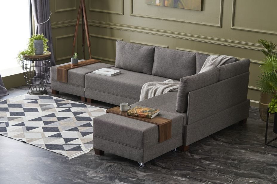 Canapé d'angle droit et 2 poufs tissu marron clair Tikona 280 cm - Photo n°3