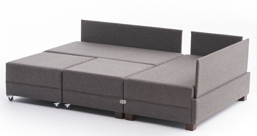 Canapé d'angle droit et 2 poufs tissu marron clair Tikona 280 cm - Photo n°7