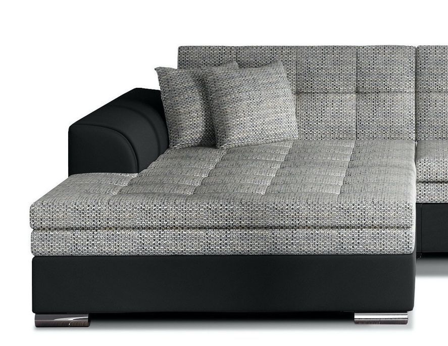 Canapé d'angle gauche convertible 4 places tissu gris clair chiné et simili noir Looka 295 cm - Photo n°3