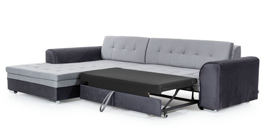 Canapé d'angle gauche convertible 4 places tissu gris clair chiné et simili noir Looka 295 cm - Photo n°7