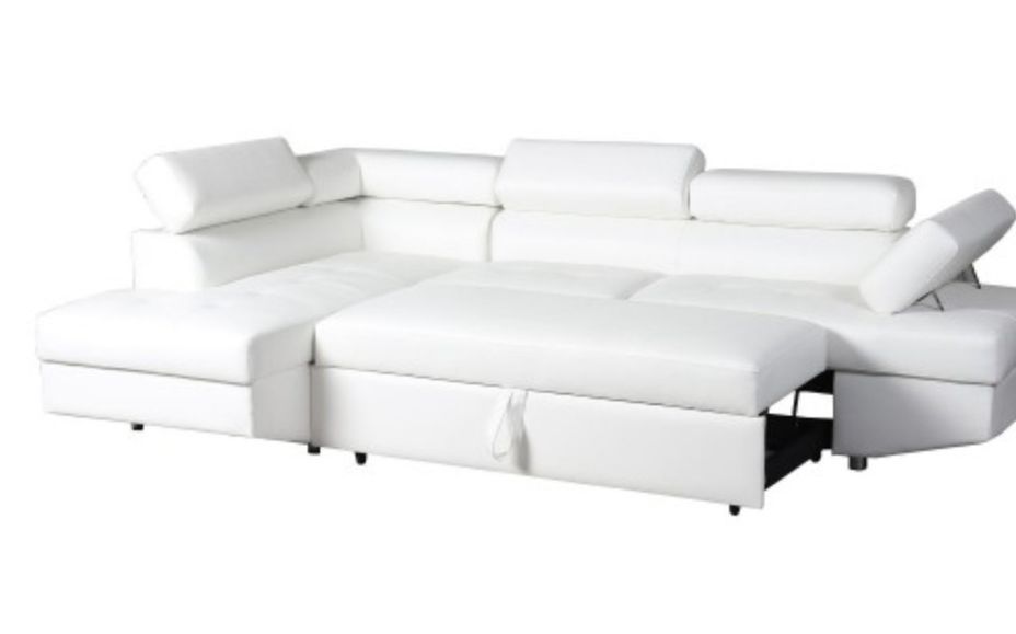 Canapé d'angle gauche convertible avec têtières relevables simili cuir blanc Lanzo - Photo n°4