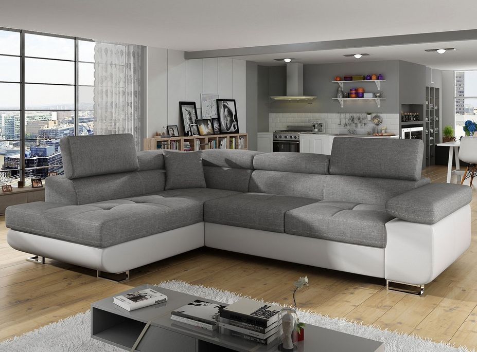 Canapé d'angle gauche convertible tissu gris clair et simili blanc Marka 275 cm - Photo n°2