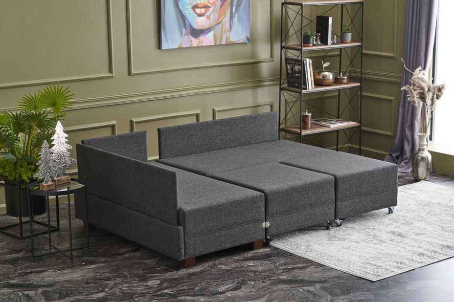 Canapé d'angle gauche et 2 poufs tissu anthracite Tikona 280 cm - Photo n°4