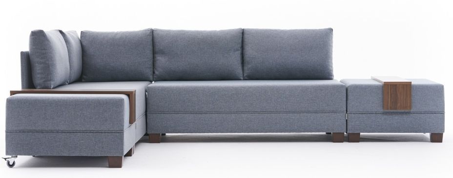 Canapé d'angle gauche et 2 poufs tissu bleu Tikona 280 cm - Photo n°1