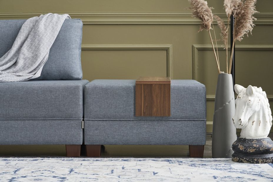 Canapé d'angle gauche et 2 poufs tissu bleu Tikona 280 cm - Photo n°5