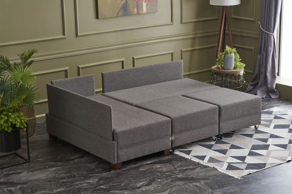 Canapé d'angle gauche et 2 poufs tissu marron clair Tikona 280 cm - Photo n°4