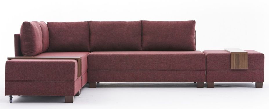 Canapé d'angle gauche et 2 poufs tissu rouge Tikona 280 cm - Photo n°1