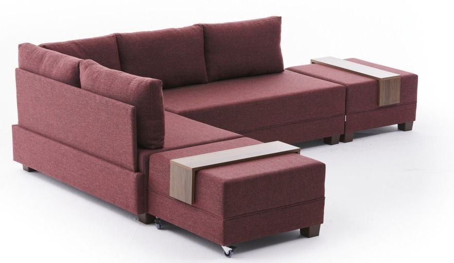 Canapé d'angle gauche et 2 poufs tissu rouge Tikona 280 cm - Photo n°6