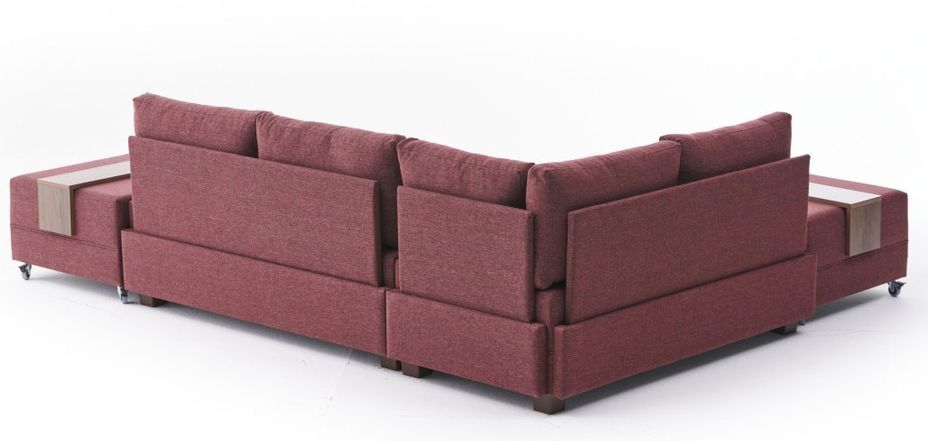 Canapé d'angle gauche et 2 poufs tissu rouge Tikona 280 cm - Photo n°8