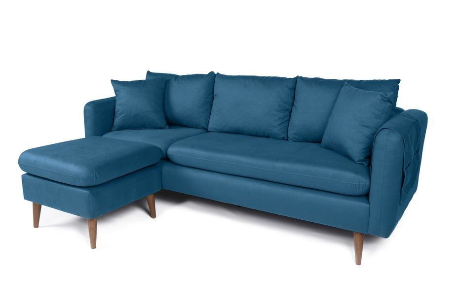 Canapé d'angle gauche tissu bleu canard avec pieds en bois naturel Rival 215 cm - Photo n°3