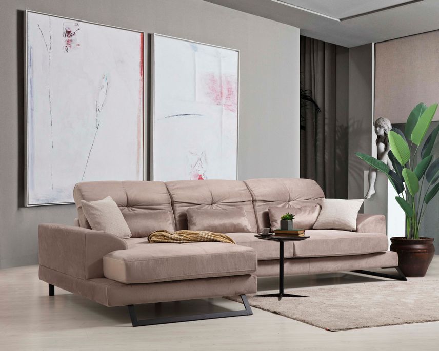 Canapé d'angle gauche velours beige avec têtières relevables et pieds metal noir Briko 308 cm - Photo n°4