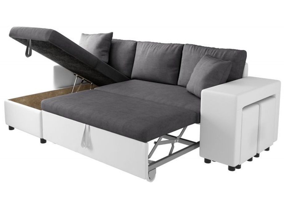 Canapé d'angle réversible convertible pouf à droite simili blanc et microfibre gris Kita 241 cm - Photo n°4