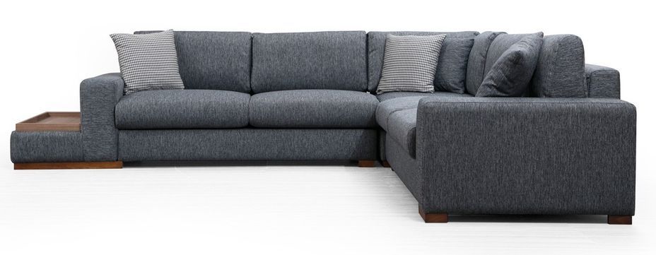 Canapé d'angle tissu anthracite avec étagère en bois sur la gauche Kaloé 323 cm - Photo n°6