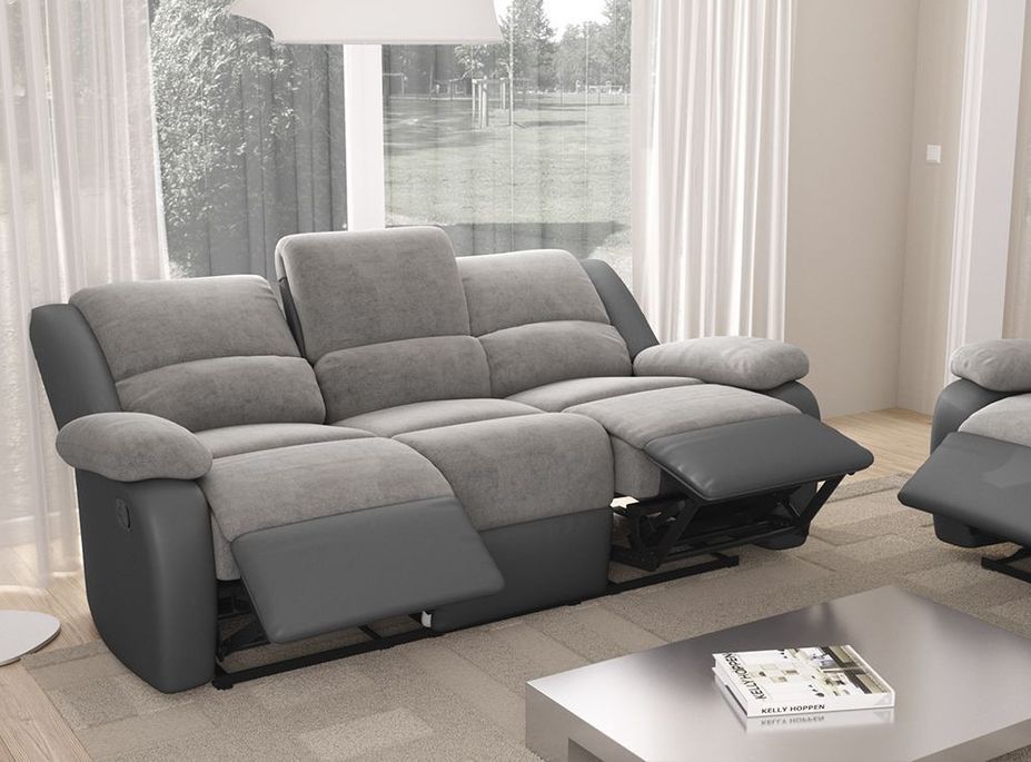 Canapé de relaxation manuel 3 places simili cuir gris et microfibre gris Confort - Photo n°3