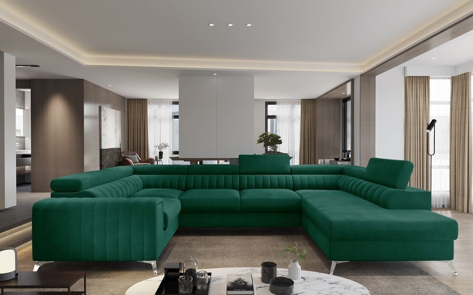 Canapé en U convertible tissu doux vert coffre de rangement à droite Louve 340 cm - Photo n°2