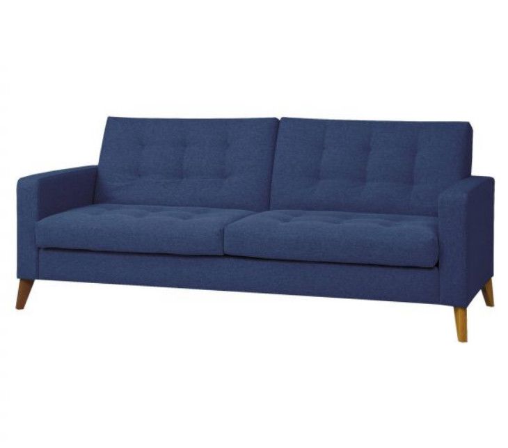 Canapé lit 3 places tissu bleu et pieds bois clair Ruth - Photo n°1