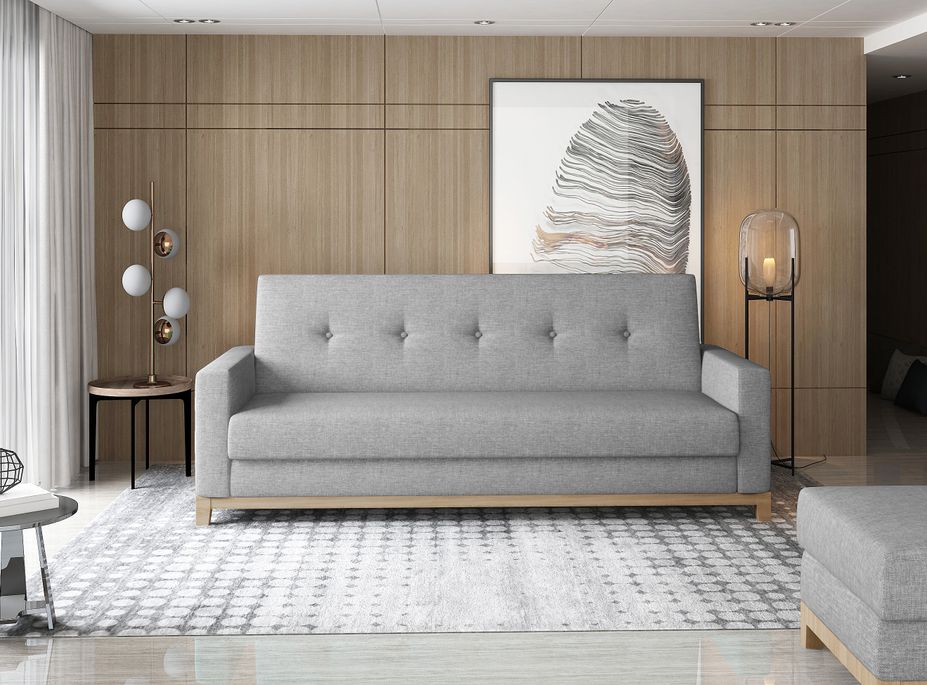 Canapé lit 3 places tissu gris clair et pieds en bois de hêtre Saline 216 cm - Photo n°1
