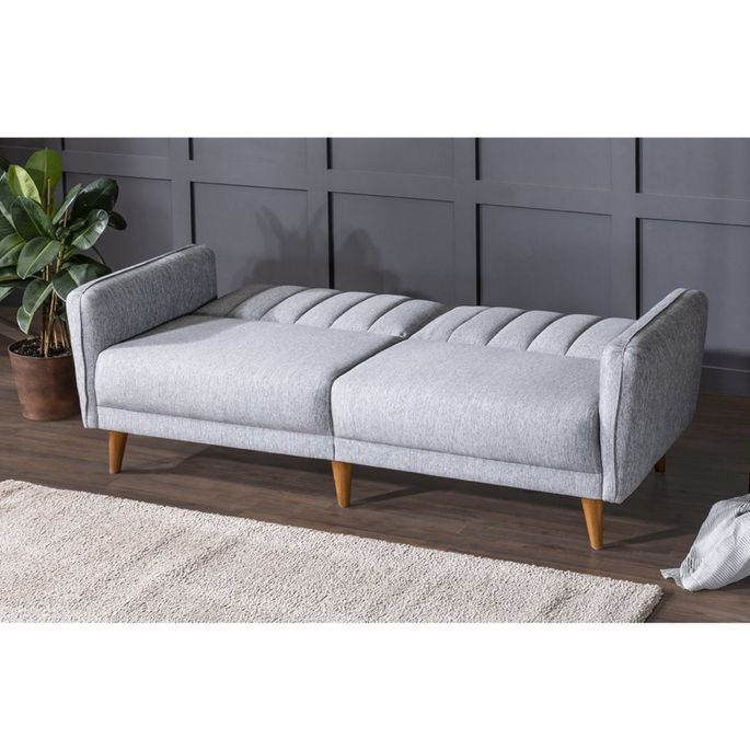 Canapé lit 3 places tissu lin gris clair et pieds bois naturel Shekal 210 cm - Photo n°3