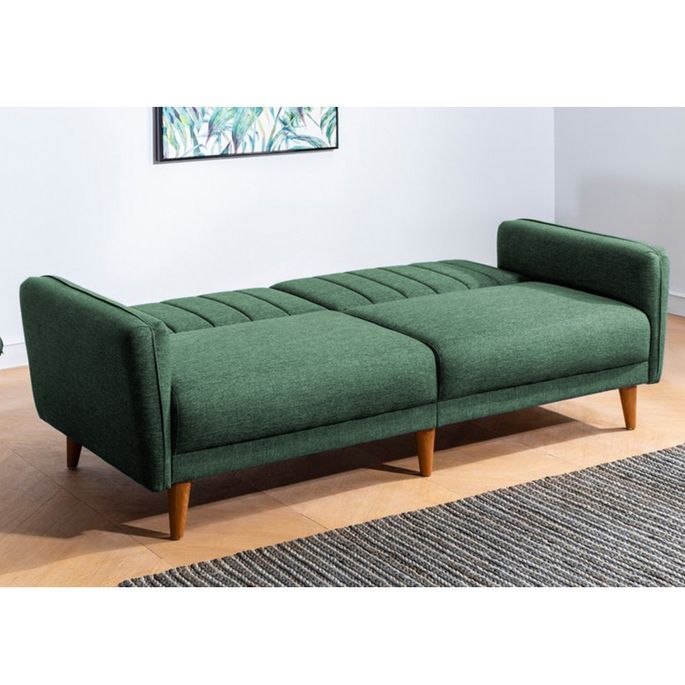 Canapé lit 3 places tissu lin vert et pieds bois naturel Shekal 210 cm - Photo n°4