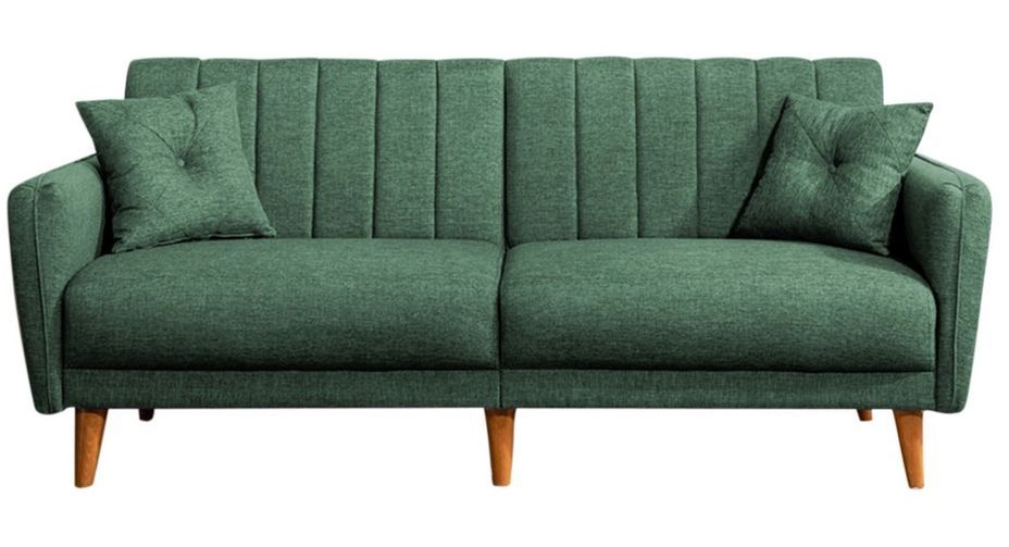 Canapé lit 3 places tissu lin vert et pieds bois naturel Shekal 210 cm - Photo n°1