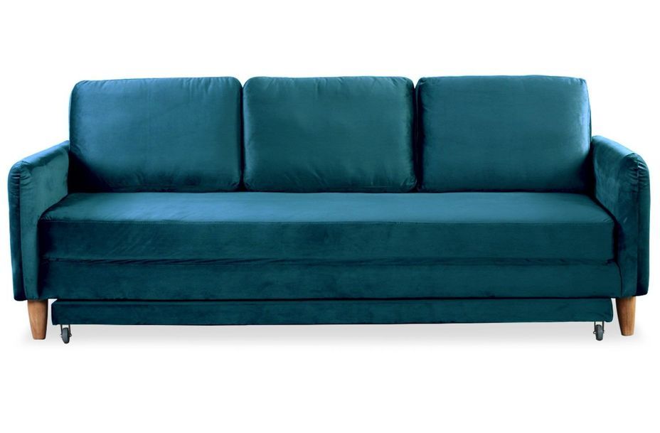 Canapé lit 3 places velours bleu et pieds bois clair Lix 210 cm - Photo n°1