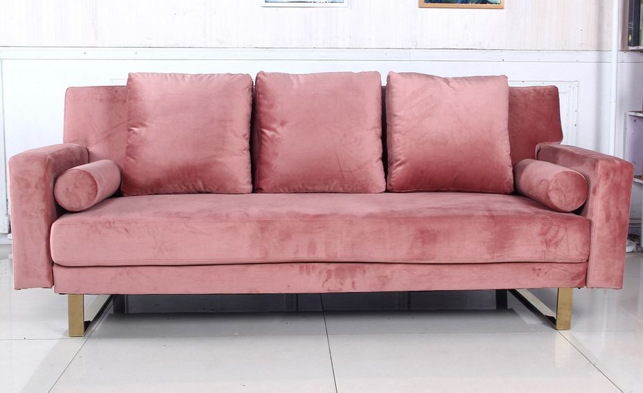 Canapé lit 3 places velours rose et pieds métal doré Lunna - Photo n°2