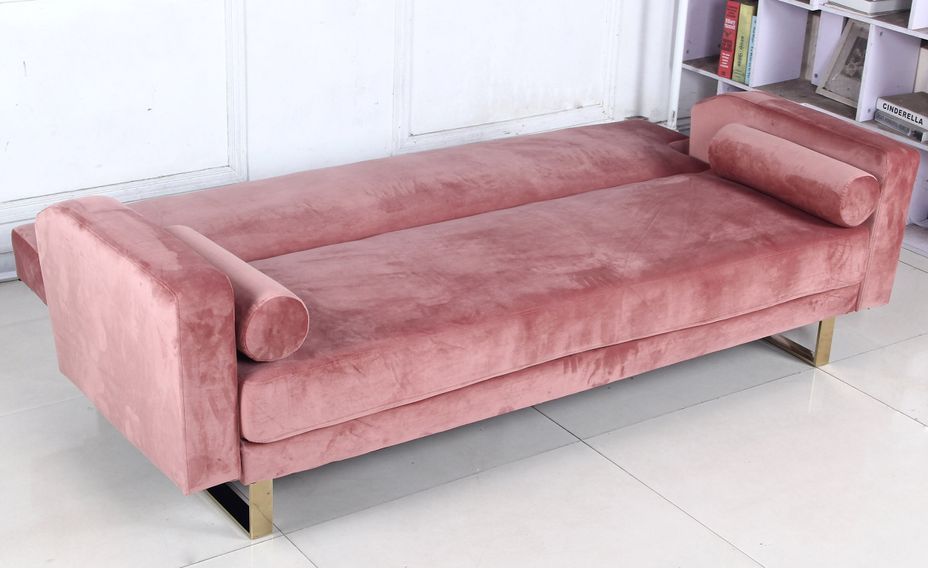 Canapé lit 3 places velours rose et pieds métal doré Lunna - Photo n°3