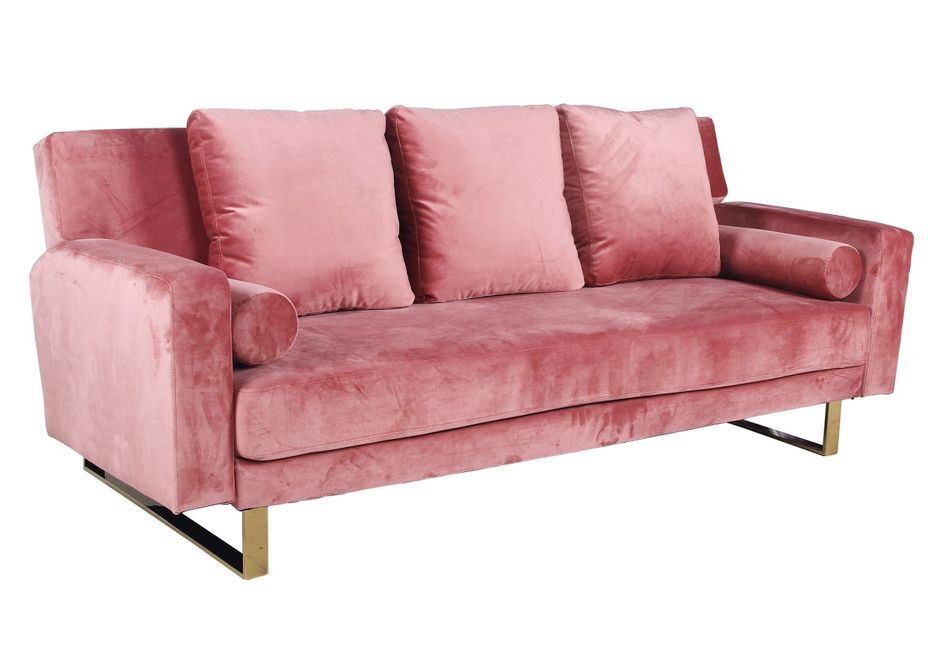 Canapé lit 3 places velours rose et pieds métal doré Lunna - Photo n°1