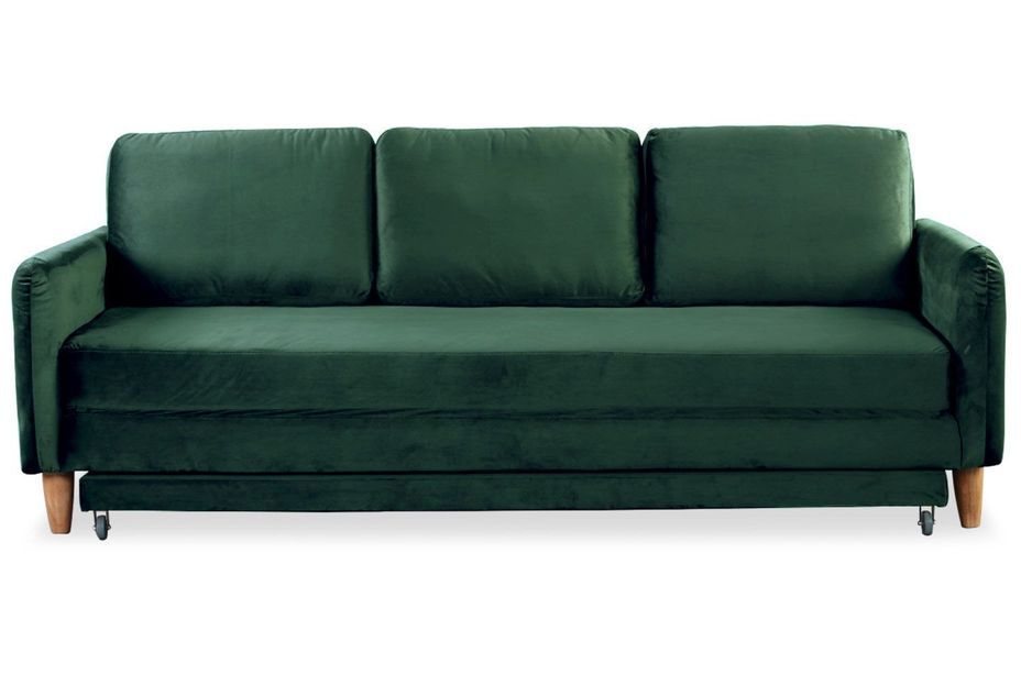 Canapé lit 3 places velours vert et pieds bois clair Lix 210 cm - Photo n°1