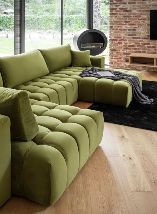 Canapé panoramique convertible design capitonné velours beige méridienne droite Boston 350 cm - Photo n°14