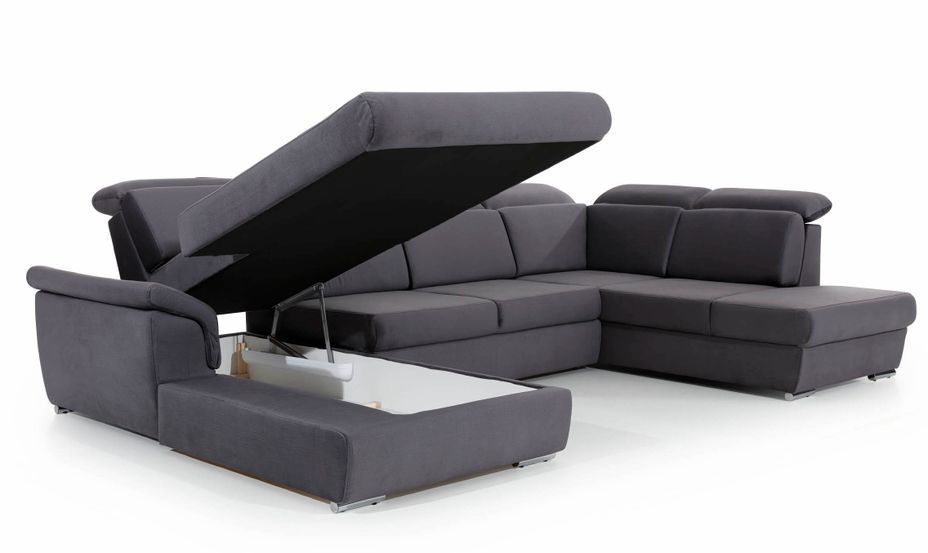 Canapé panoramique convertible tissu gris clair coffre de rangement à gauche Levano 330 cm - Photo n°3