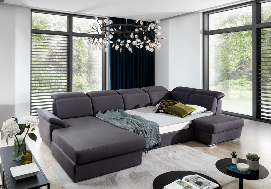 Canapé panoramique convertible tissu gris clair coffre de rangement à gauche Levano 330 cm - Photo n°13