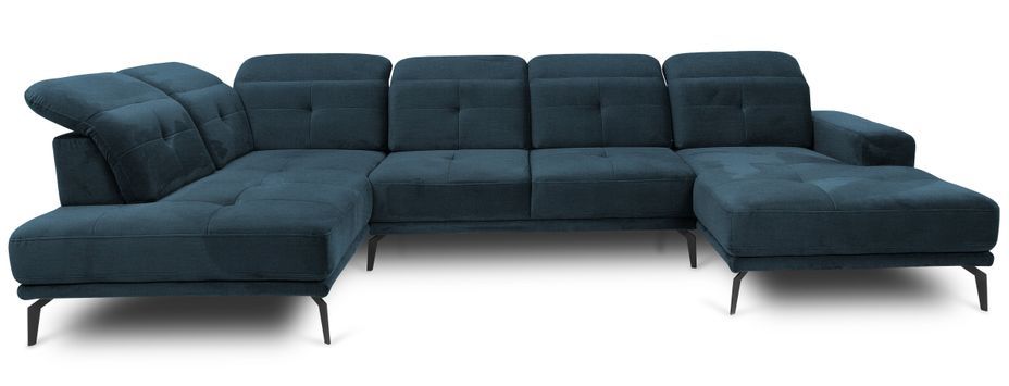 Canapé panoramique moderne tissu bleu foncé têtières angle gauche Versus 350 cm - Photo n°1