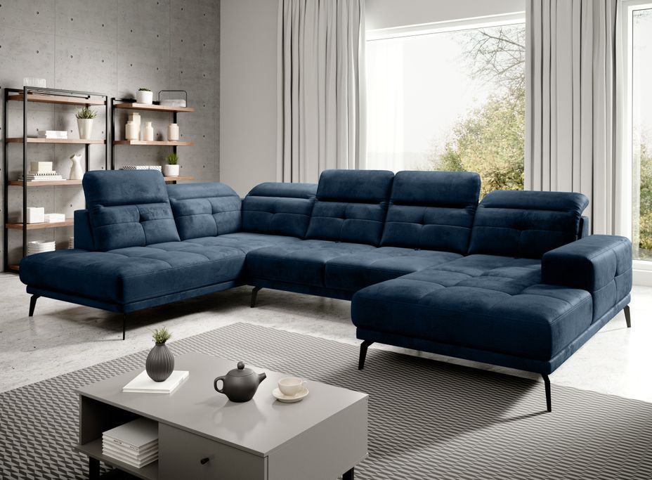 Canapé panoramique moderne tissu bleu foncé têtières angle gauche Versus 350 cm - Photo n°2