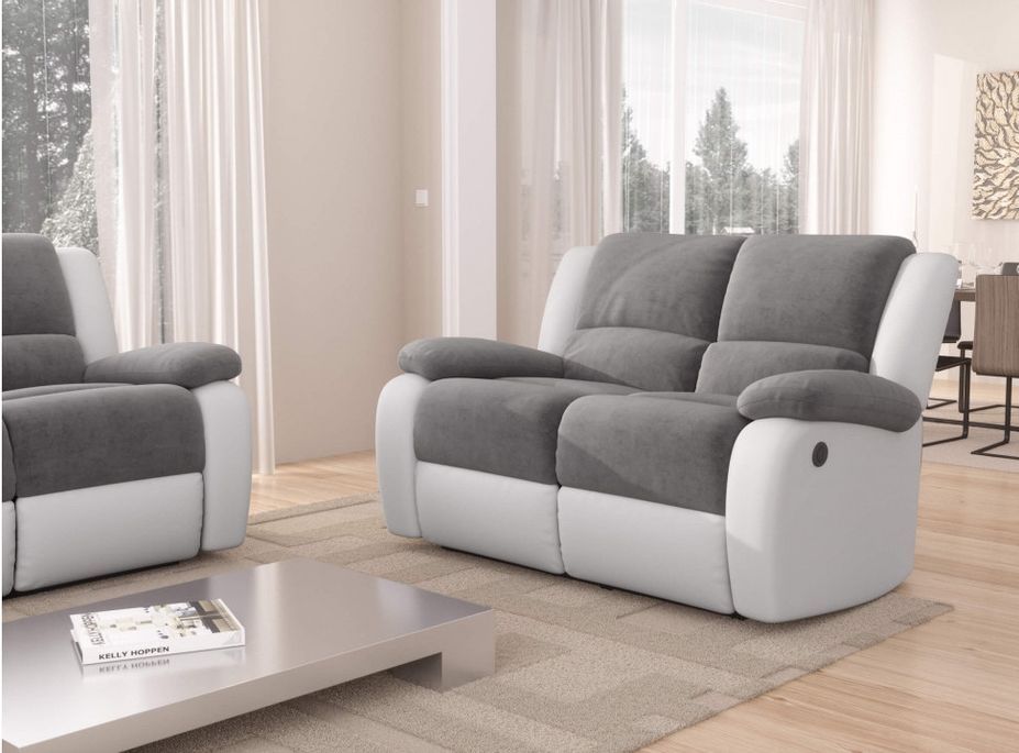 Canapé de relaxation électrique 2 places simili cuir blanc et microfibre gris Confort - Photo n°2