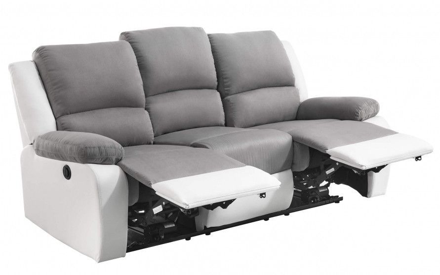 Canapé relaxation électrique 3 places simili cuir blanc et microfibre gris Confort - Photo n°3