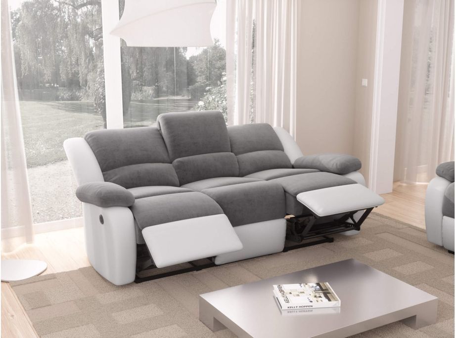 Canapé relaxation électrique 3 places simili cuir blanc et microfibre gris Confort - Photo n°5