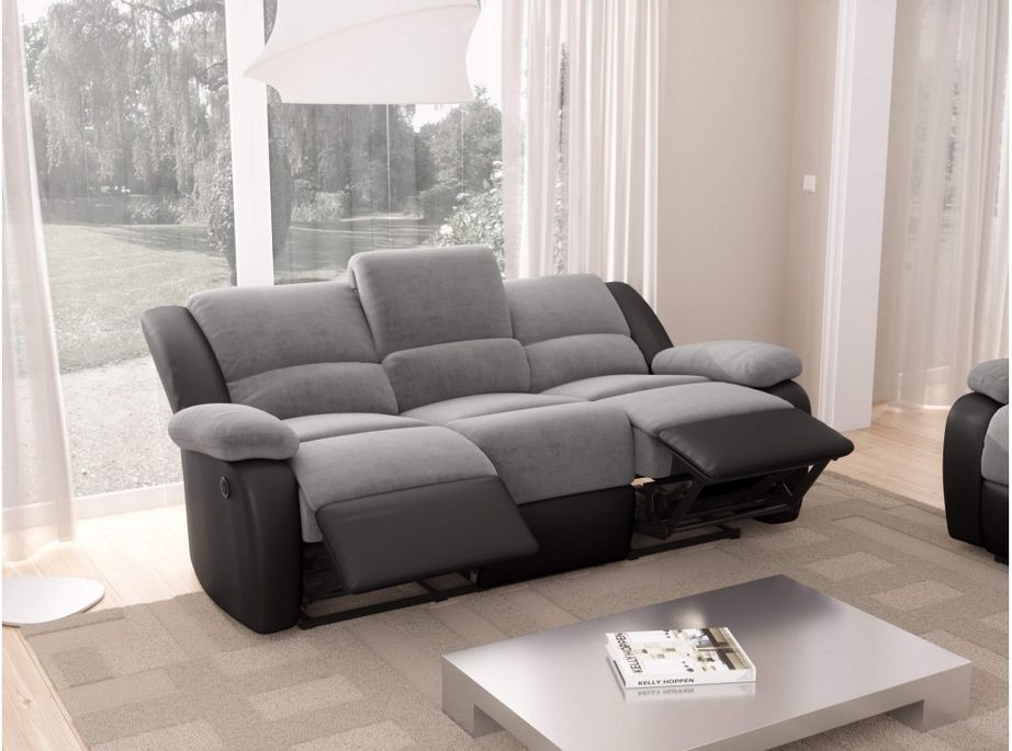 Canapé relaxation électrique 3 places simili cuir noir et microfibre gris Confort - Photo n°6