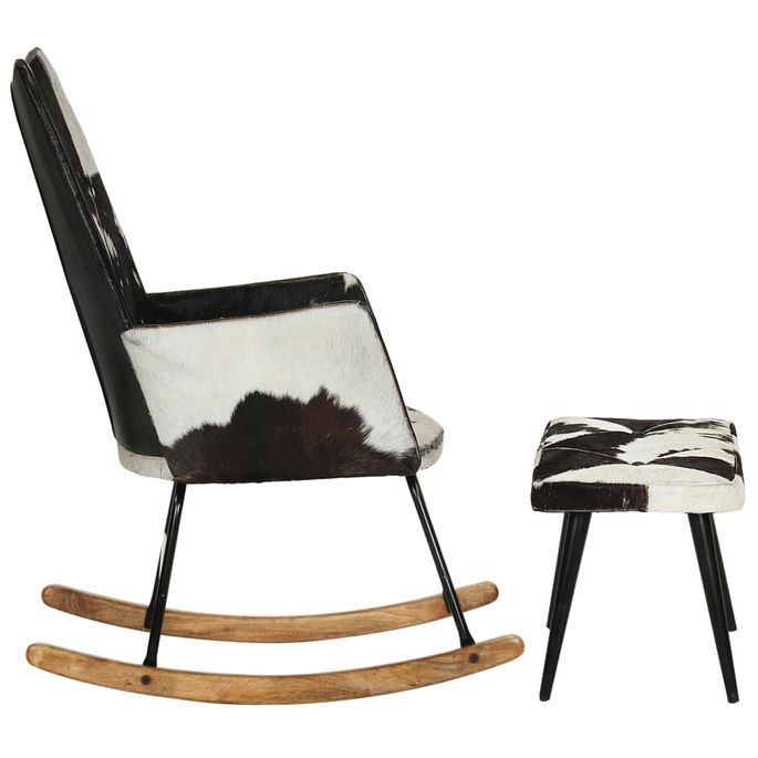 Chaise à bascule avec repose-pied Noir Cuir véritable - Photo n°3