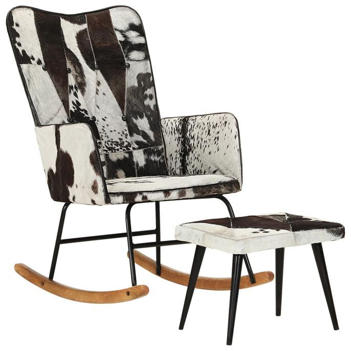 Chaise à bascule avec repose-pied Noir Cuir véritable - Photo n°12