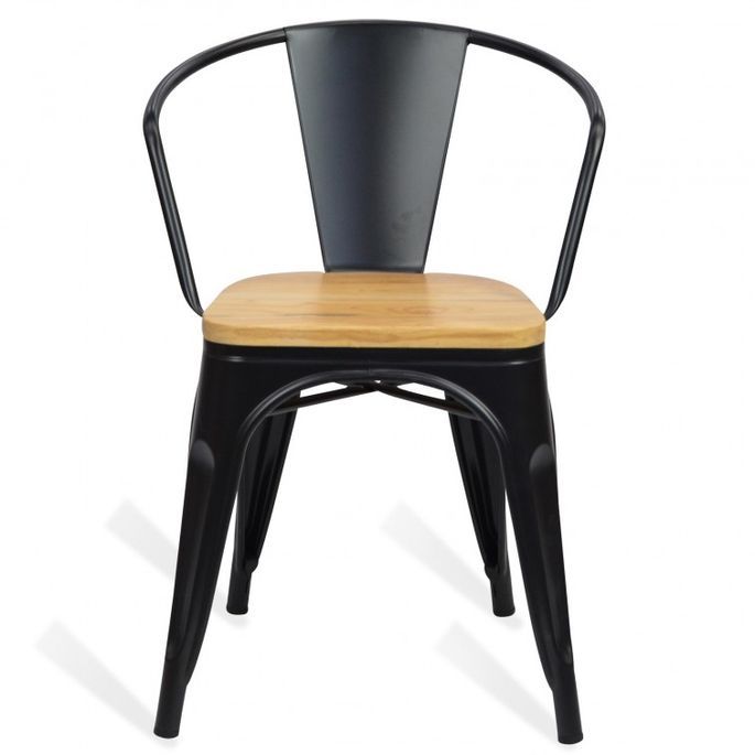Chaise avec accoudoirs industrielle acier noir et bois massif clair Woody - Photo n°2