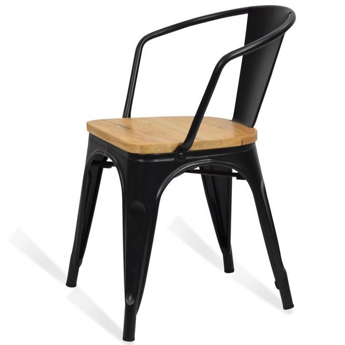 Chaise avec accoudoirs industrielle acier noir et bois massif clair Woody - Photo n°5