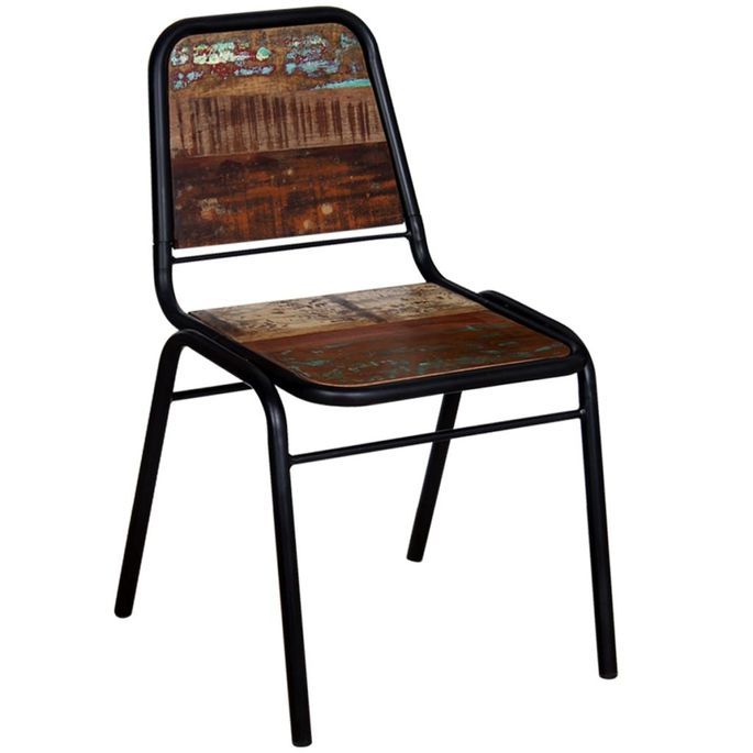 Chaise vintage bois recyclé massif et métal noir Vosa - Lot de 6 - Photo n°2