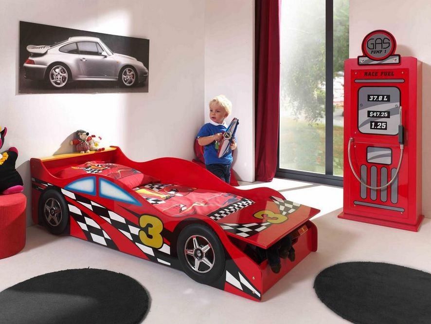 Chambre 2 pièces lit voiture de course 70x140 cm et armoire bois rouge Todd - Photo n°1