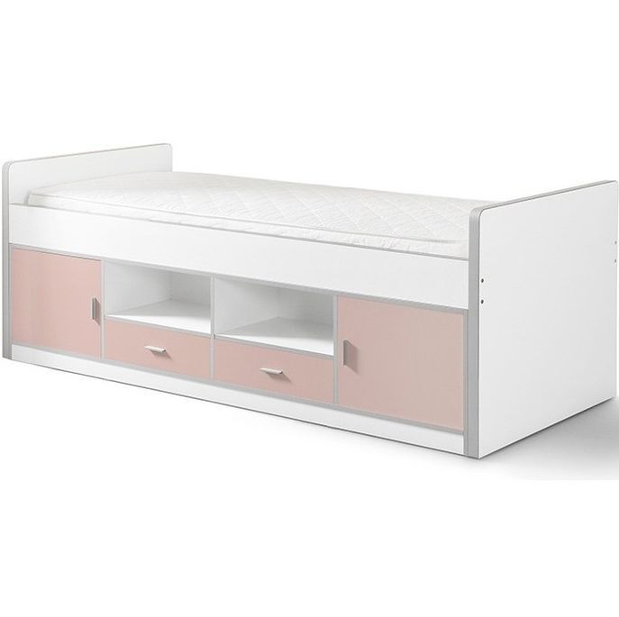 Chambre enfant 90x200 cm 2 pièces lit multi-rangement et armoire 3 portes bois rose et blanc Bonny - Photo n°2