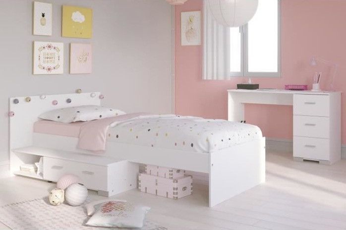 Chambre enfant complète 2 pièces bois mdf blanc Nutéa Lit + bureau - Photo n°2