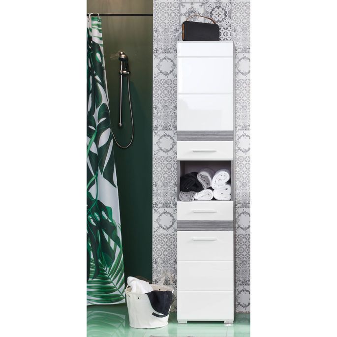 Colonne salle de bain 2 portes 1 tiroir blanc brillant et chêne gris Varok 37 cm - Photo n°7